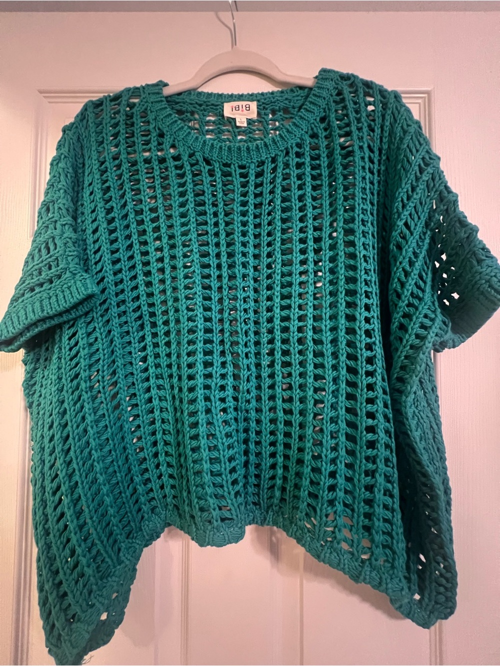 BiBi Teal Open-Knit Crochet Short-Sleeve Sweater